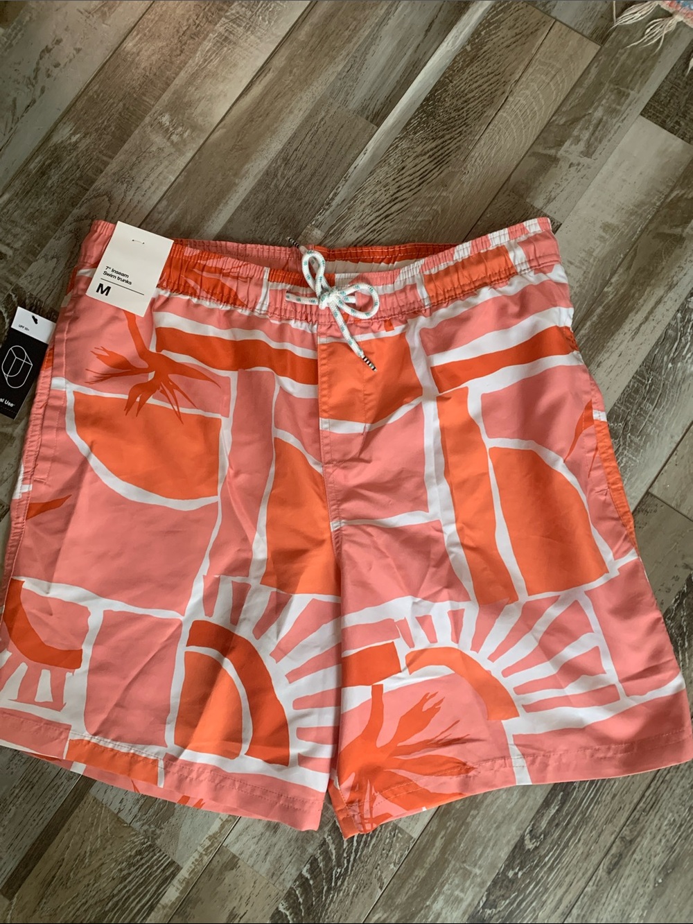 Original Use Coral & Orange Abstract Swim Trunks